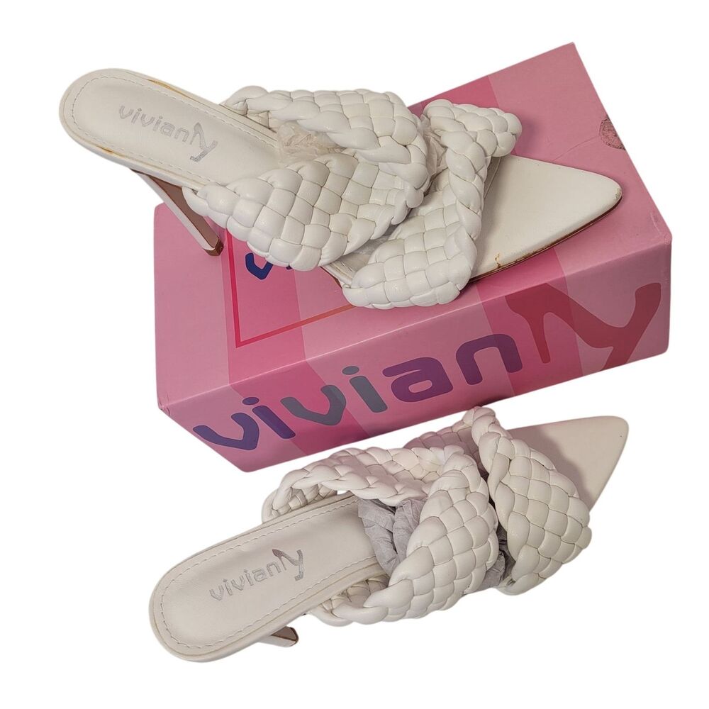 Viviany Women White Braided Mule Heels With Pointed Toe & Stiletto Heel Size 9